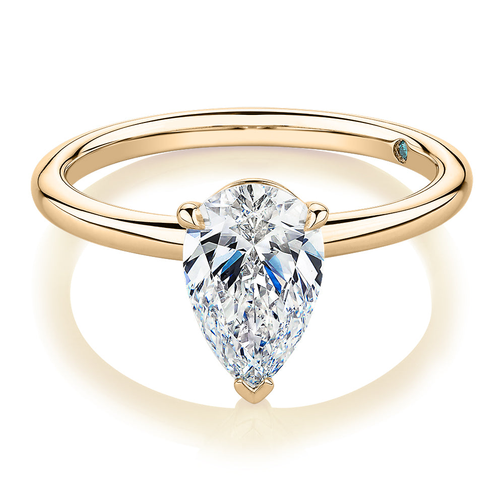 Premium Certified Laboratory Created Diamond, 1.50 carat pear solitaire engagement ring in 18 carat yellow gold