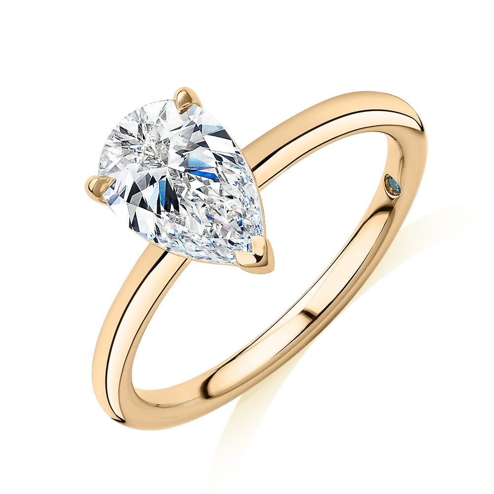 Premium Certified Laboratory Created Diamond, 1.50 carat pear solitaire engagement ring in 18 carat yellow gold