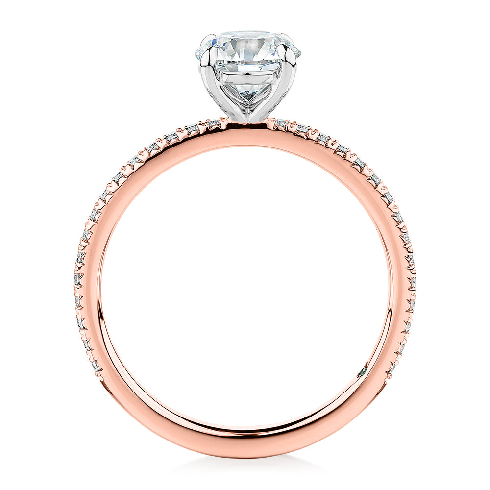 Premium Certified Laboratory Created Diamond, 1.24 carat TW round brilliant shouldered engagement ring in 18 carat rose and white gold