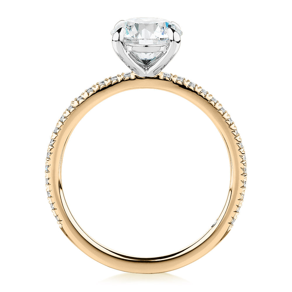 Signature Simulant Diamond 1.74 carat* TW round brilliant shouldered engagement ring in 14 carat yellow and white gold