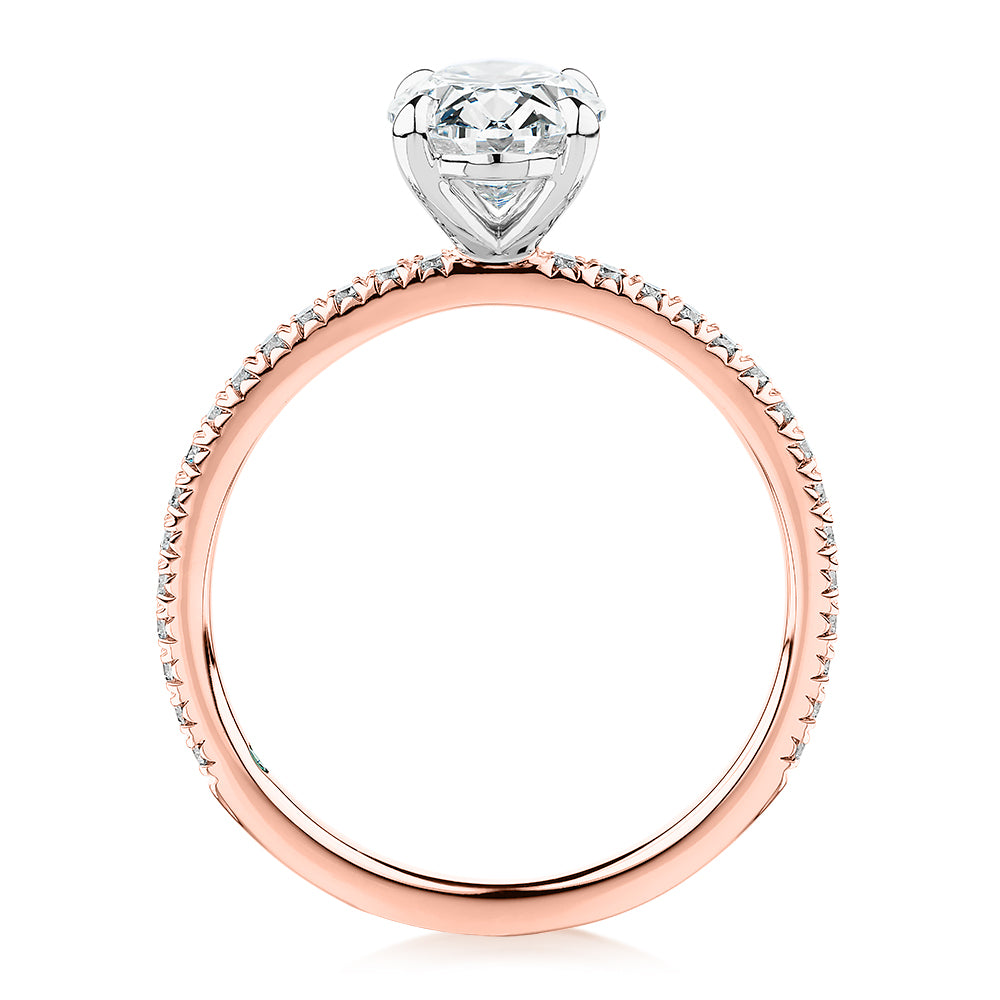 Premium Certified Lab-Grown Diamond, 1.74 carat TW oval and round brilliant shouldered engagement ring in 14 carat rose and white gold