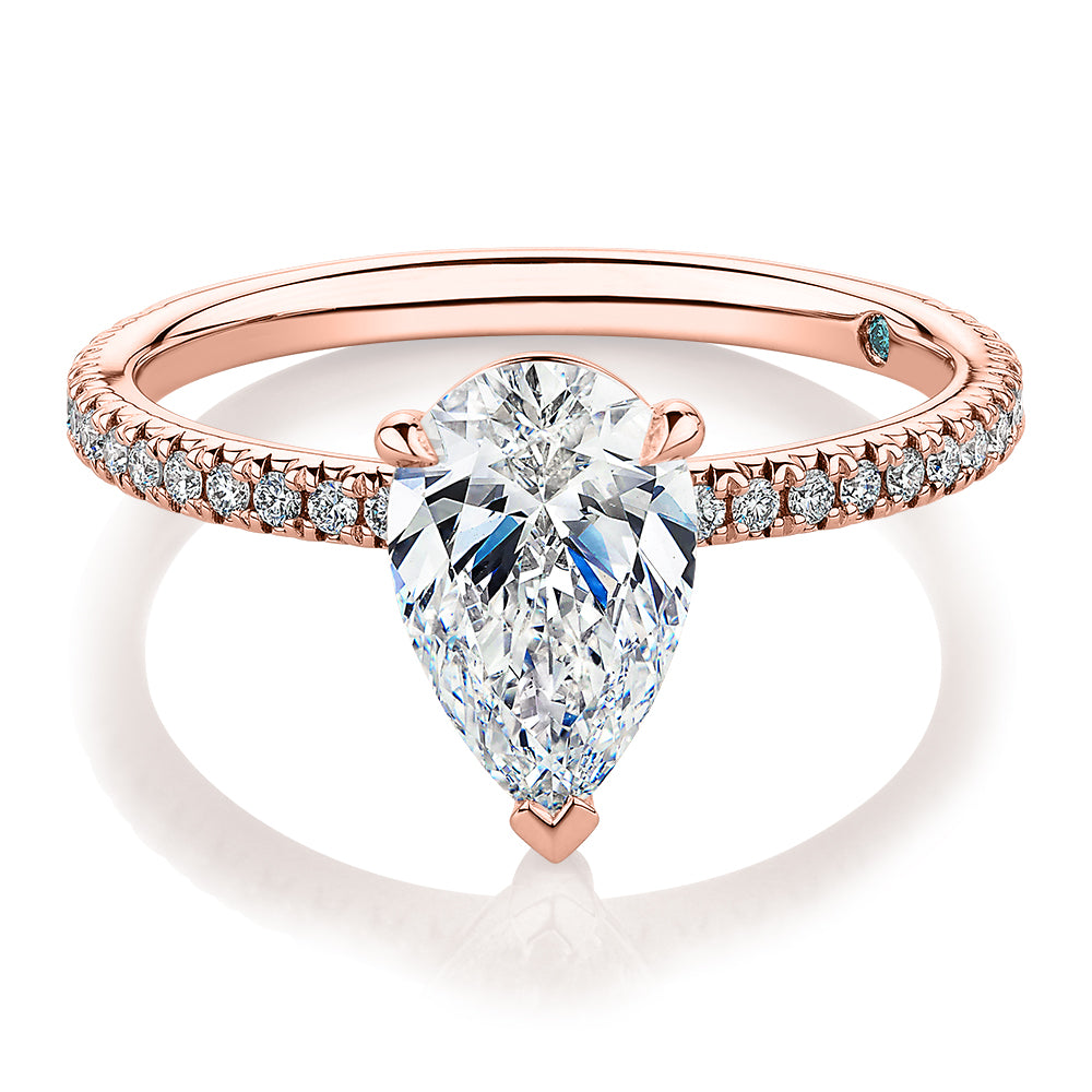 Premium Certified Laboratory Created Diamond, 1.74 carat TW pear and round brilliant shouldered engagement ring in 18 carat rose gold