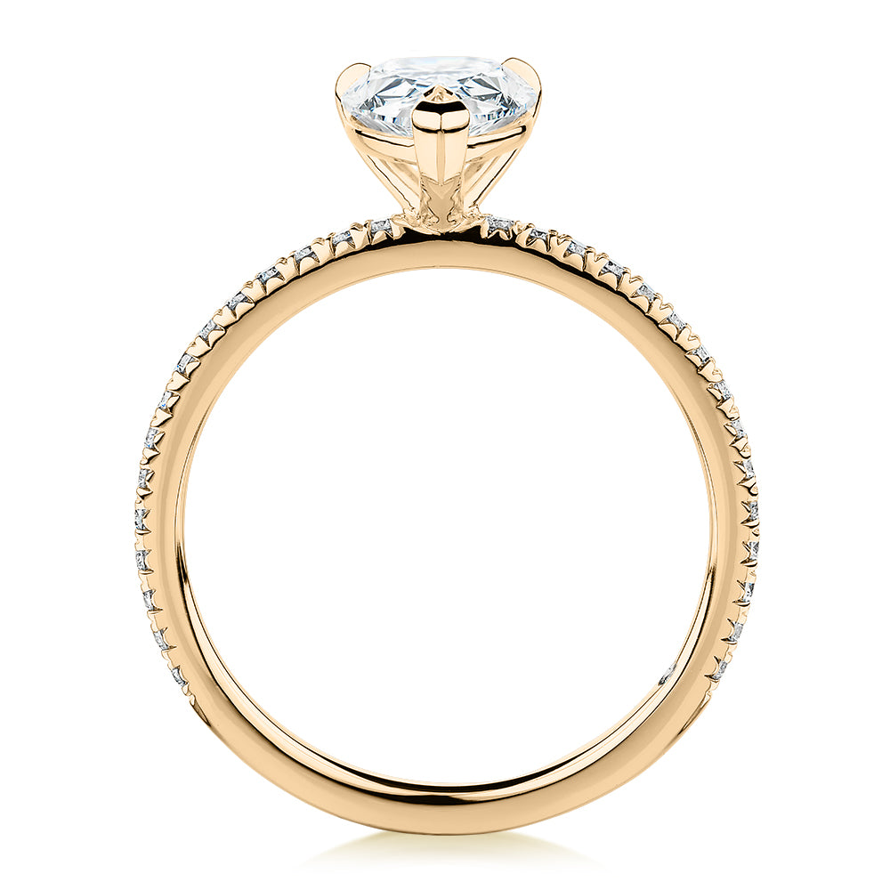 Signature Simulant Diamond 1.74 carat* TW pear and round brilliant shouldered engagement ring in 14 carat yellow gold
