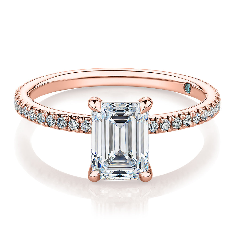 Premium Certified Lab-Grown Diamond, 1.74 carat TW emerald cut and round brilliant shouldered engagement ring in 14 carat rose gold