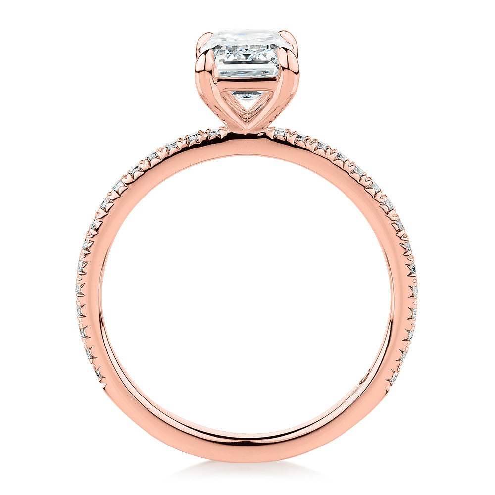 Premium Certified Lab-Grown Diamond, 1.74 carat TW emerald cut and round brilliant shouldered engagement ring in 14 carat rose gold