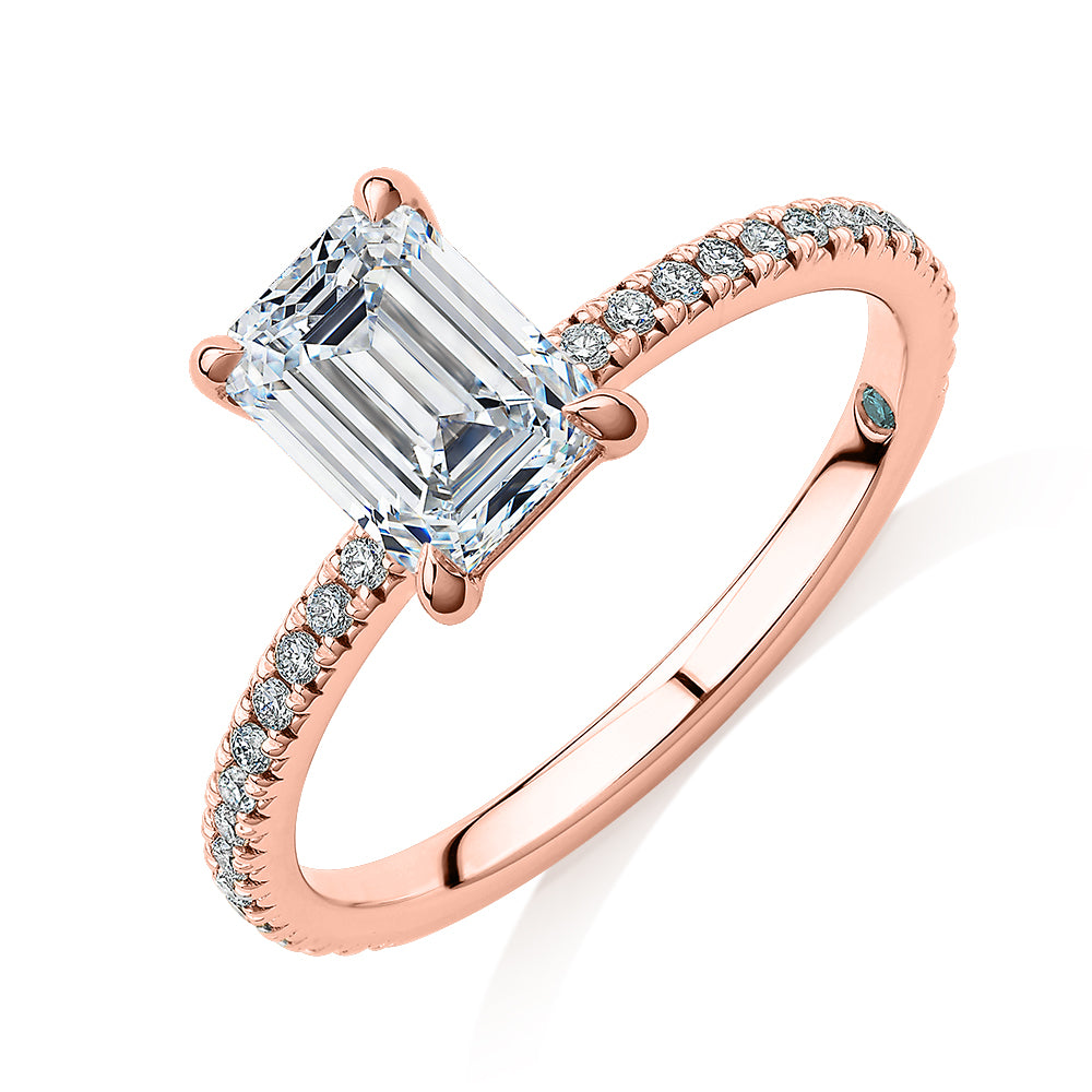 Premium Certified Lab-Grown Diamond, 1.74 carat TW emerald cut and round brilliant shouldered engagement ring in 14 carat rose gold