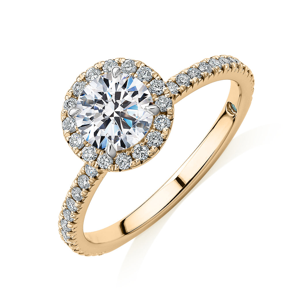 Premium Certified Lab-Grown Diamond, 1.40 carat TW round brilliant halo engagement ring in 14 carat yellow gold