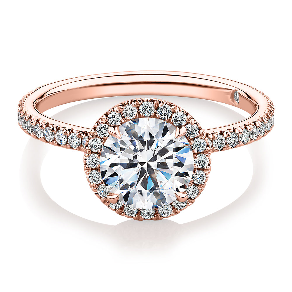 Signature Simulant Diamond 1.88 carat* TW round brilliant halo engagement ring in 14 carat rose gold