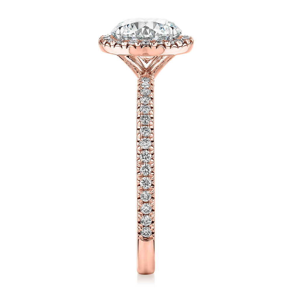 Signature Simulant Diamond 1.88 carat* TW round brilliant halo engagement ring in 14 carat rose gold