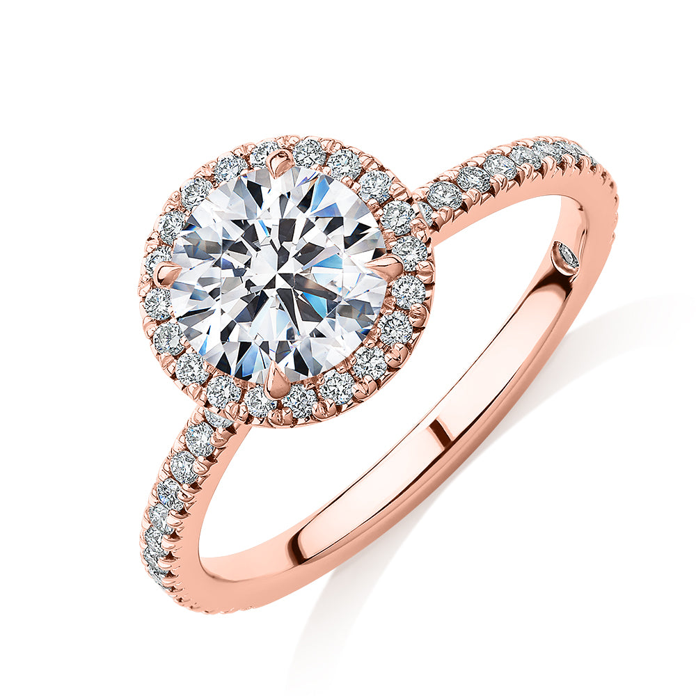 Signature Simulant Diamond 1.88 carat* TW round brilliant halo engagement ring in 14 carat rose gold