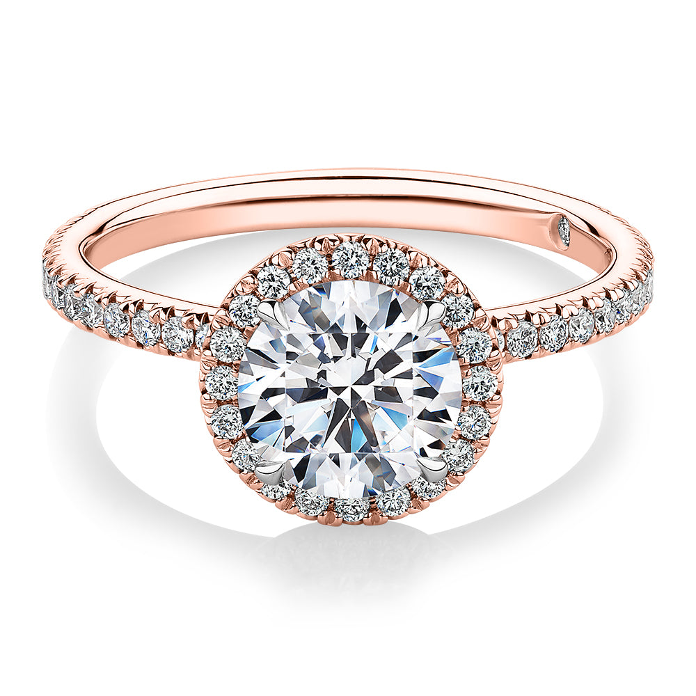 Signature Simulant Diamond 1.88 carat* TW round brilliant halo engagement ring in 14 carat rose and white gold