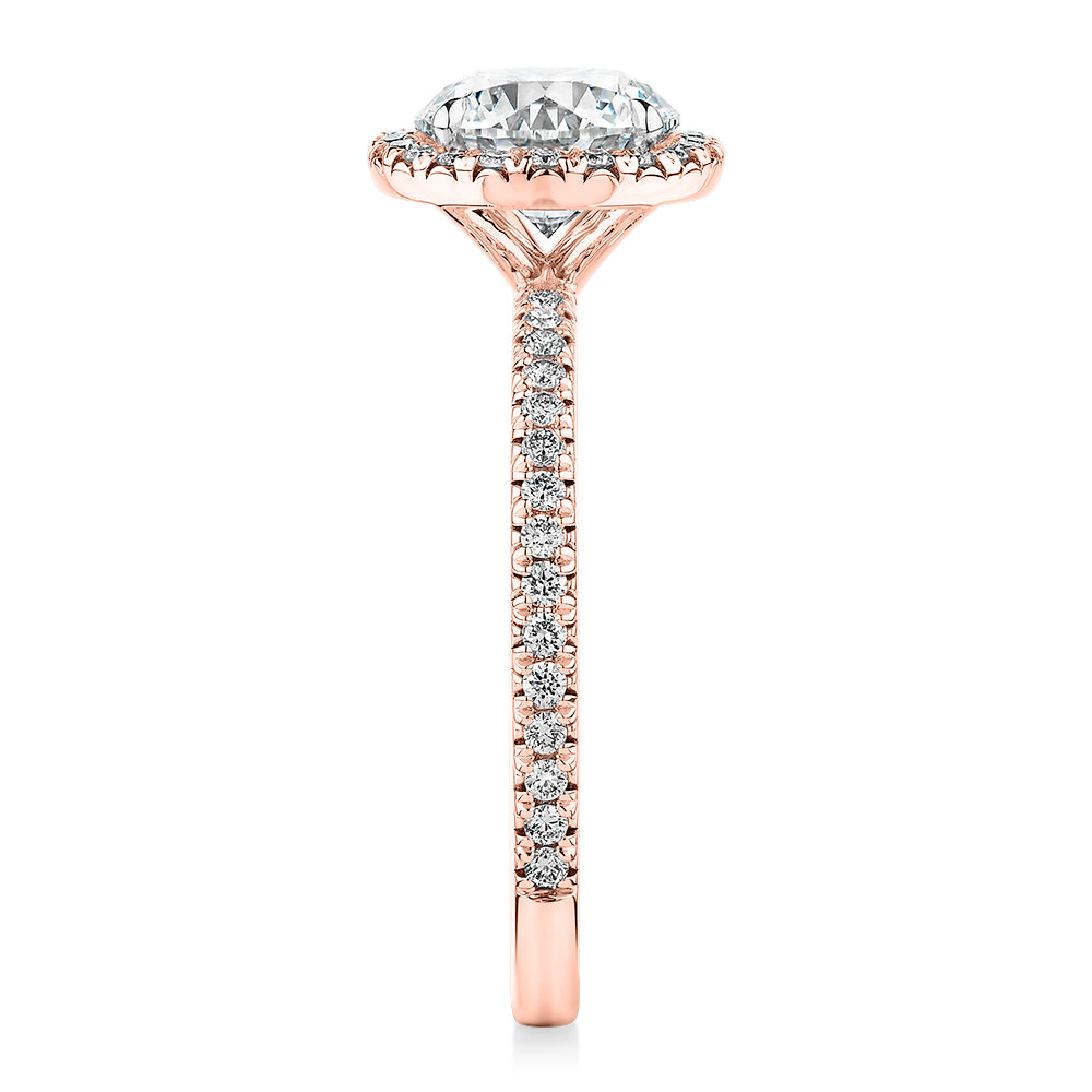 Signature Simulant Diamond 1.88 carat* TW round brilliant halo engagement ring in 14 carat rose and white gold