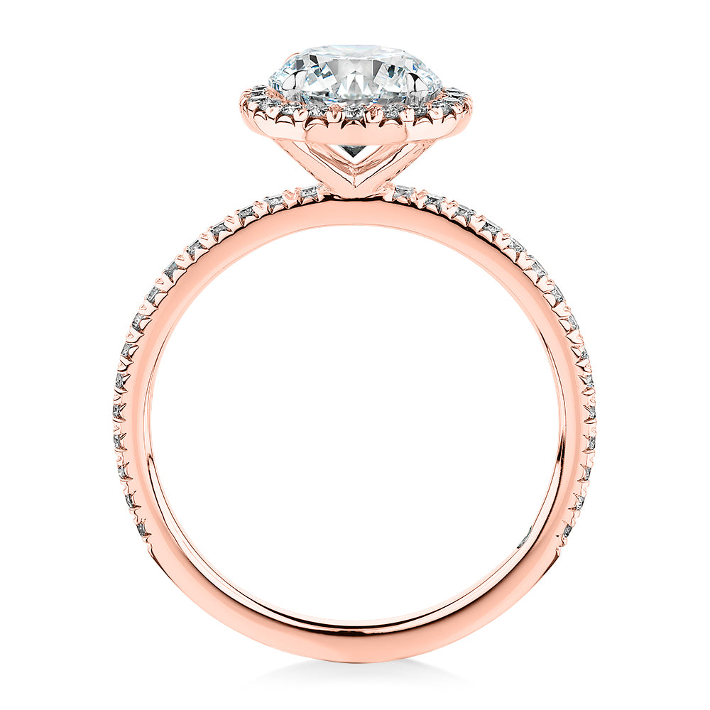 Signature Simulant Diamond 1.88 carat* TW round brilliant halo engagement ring in 14 carat rose and white gold