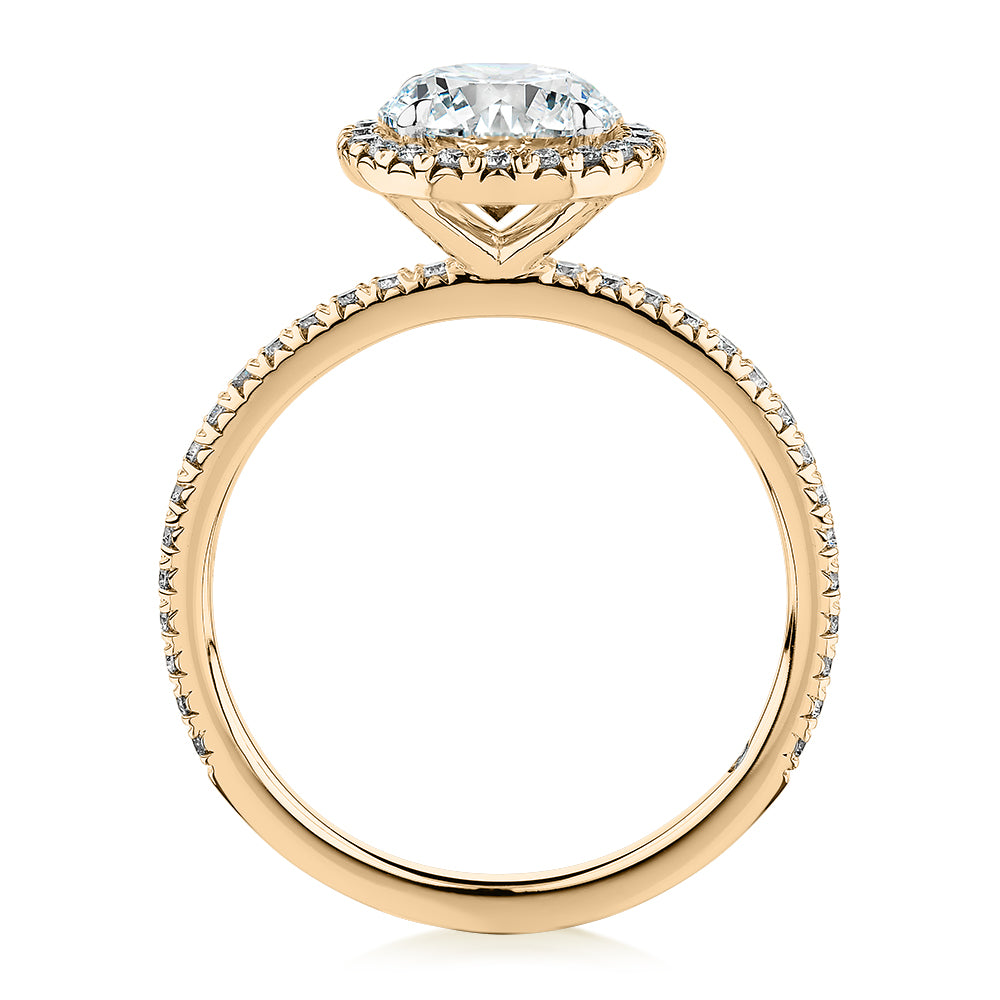 Signature Simulant Diamond 1.88 carat* TW round brilliant halo engagement ring in 14 carat yellow gold