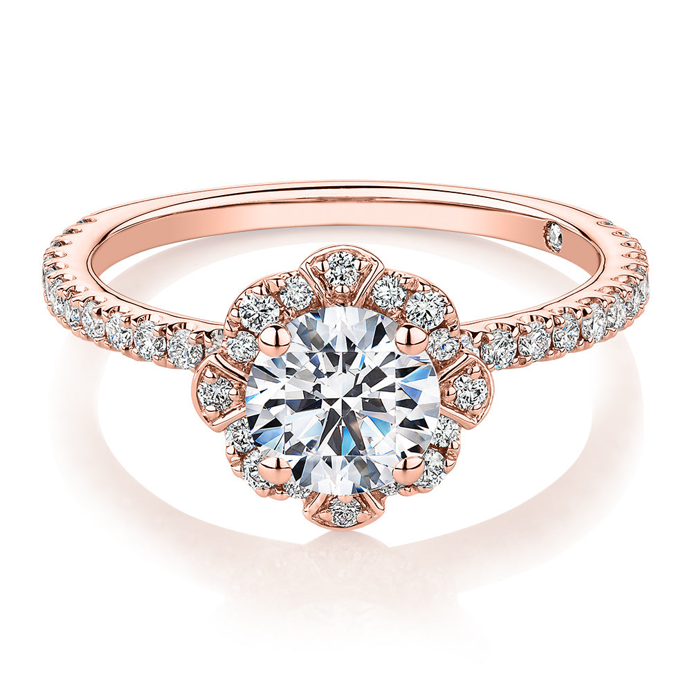 Signature Simulant Diamond 1.40 carat* TW round brilliant halo engagement ring in 14 carat rose gold