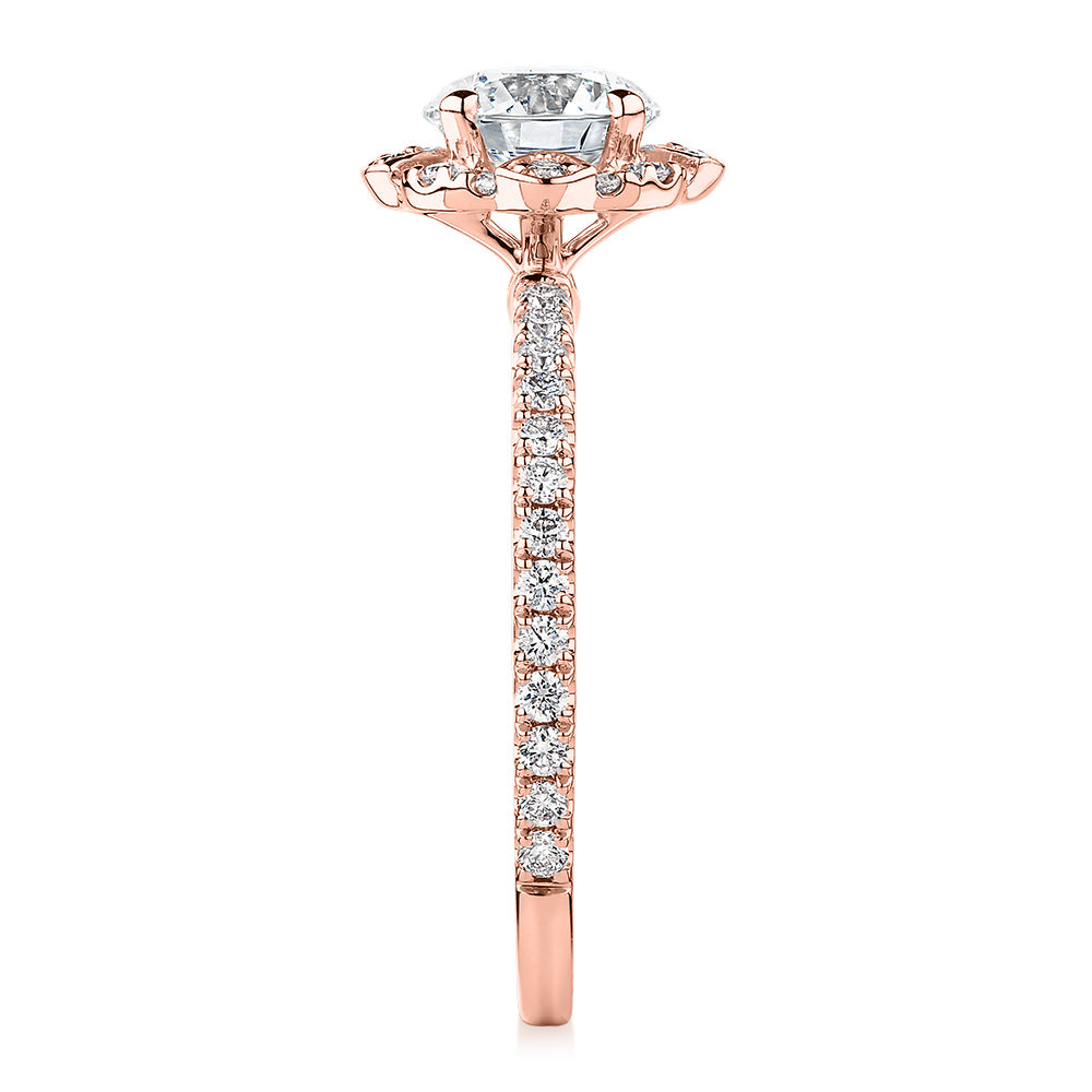 Signature Simulant Diamond 1.40 carat* TW round brilliant halo engagement ring in 14 carat rose gold