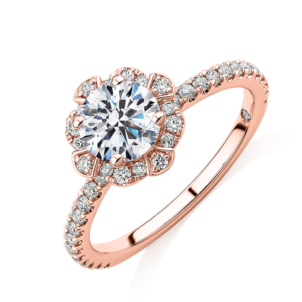 Signature Simulant Diamond 1.40 carat* TW round brilliant halo engagement ring in 14 carat rose gold