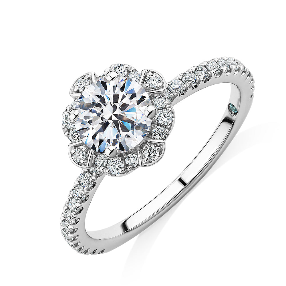 Premium Certified Laboratory Created Diamond, 1.40 carat TW round brilliant halo engagement ring in 14 carat white gold