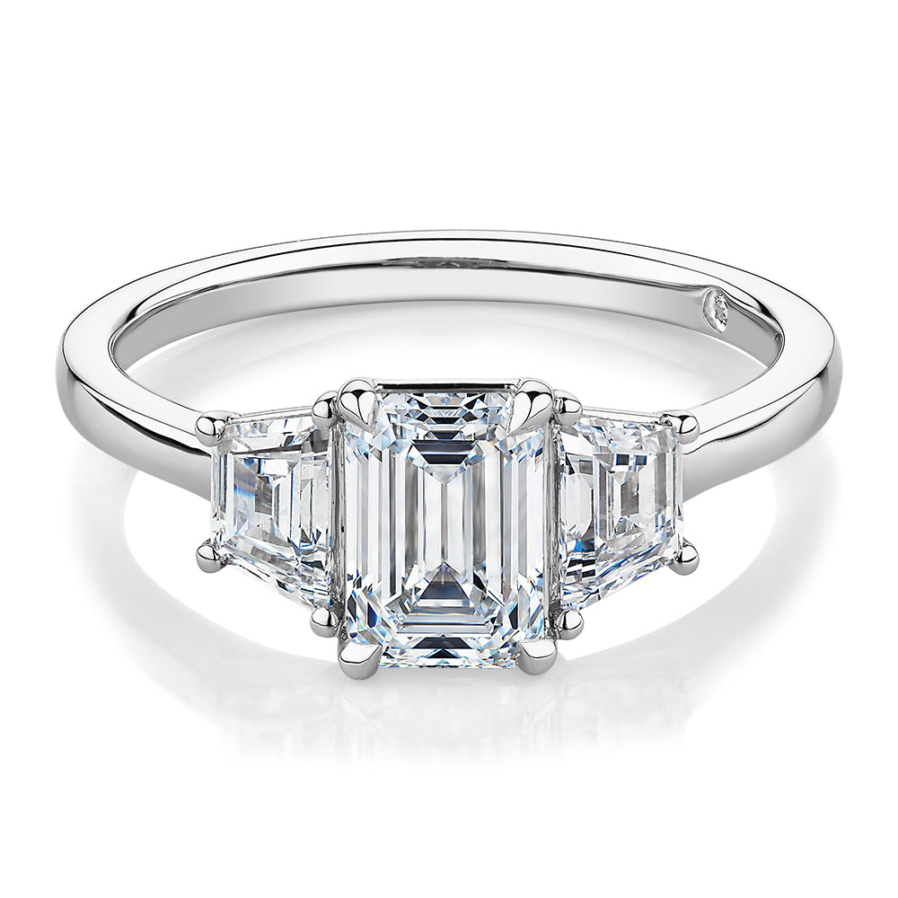 Signature Simulant Diamond 1.87 carat* TW emerald cut three stone ring in 14 carat white gold