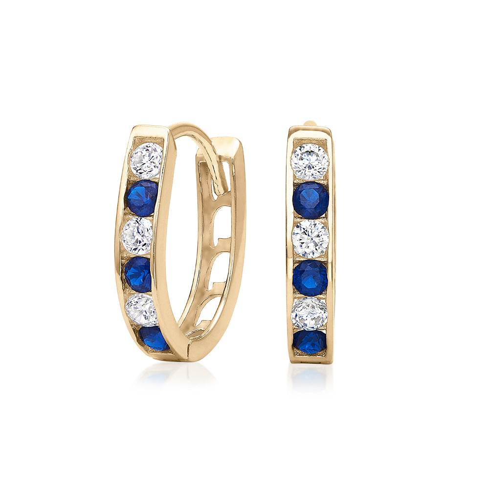 Round Brilliant hoop earrings with ceylon sapphire and diamond simulants in 10 carat yellow gold