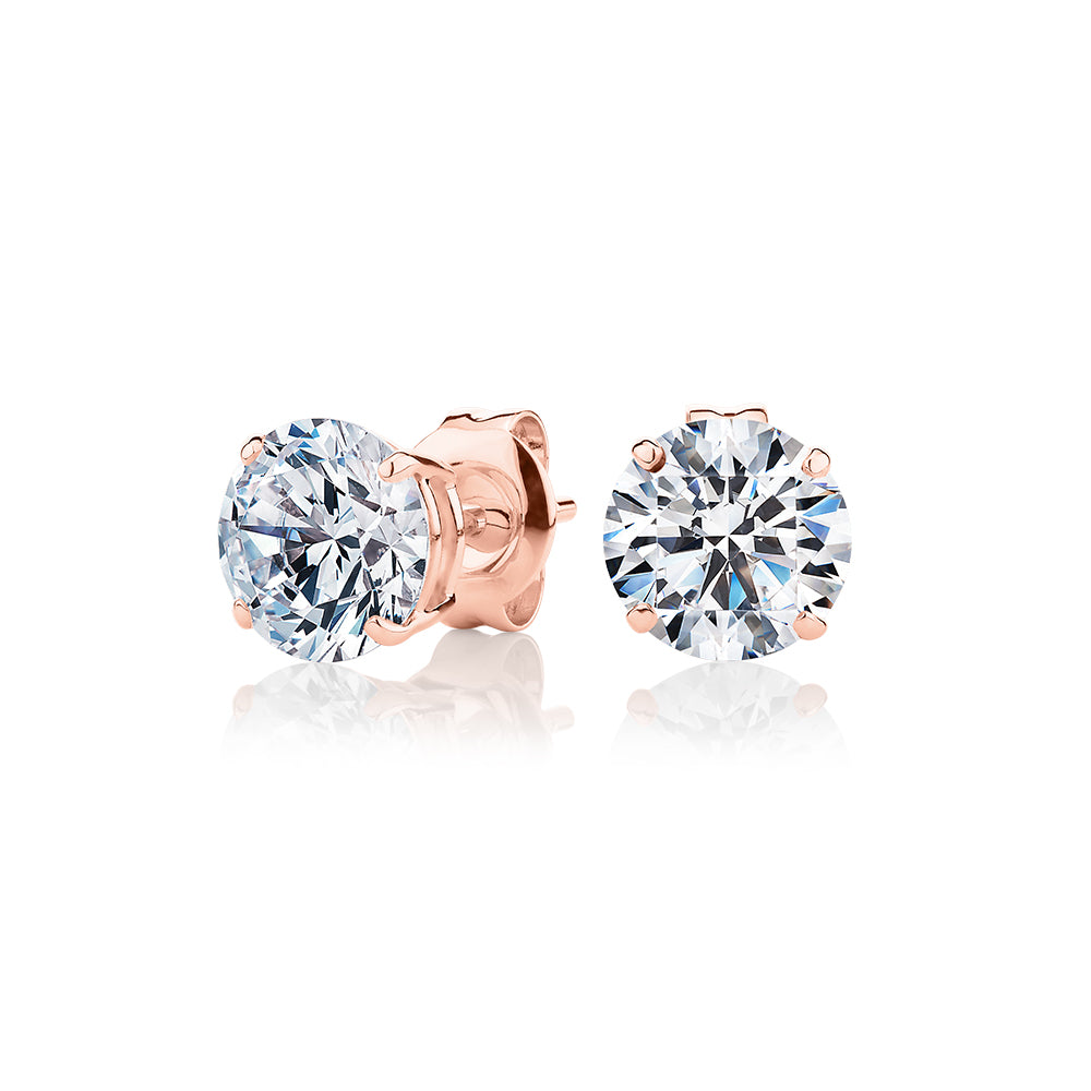 Round Brilliant stud earrings with 2.5 carats* of diamond simulants in 10 carat rose gold