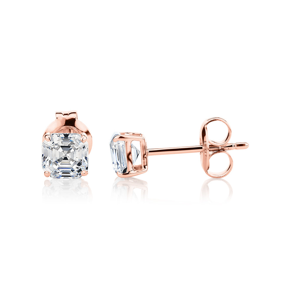 Asscher stud earrings with 1 carats* of diamond simulants in 10 carat rose gold