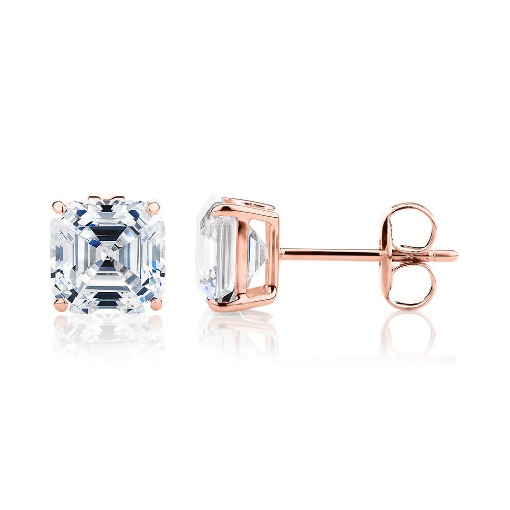 Asscher stud earrings with 3 carats* of diamond simulants in 10 carat rose gold