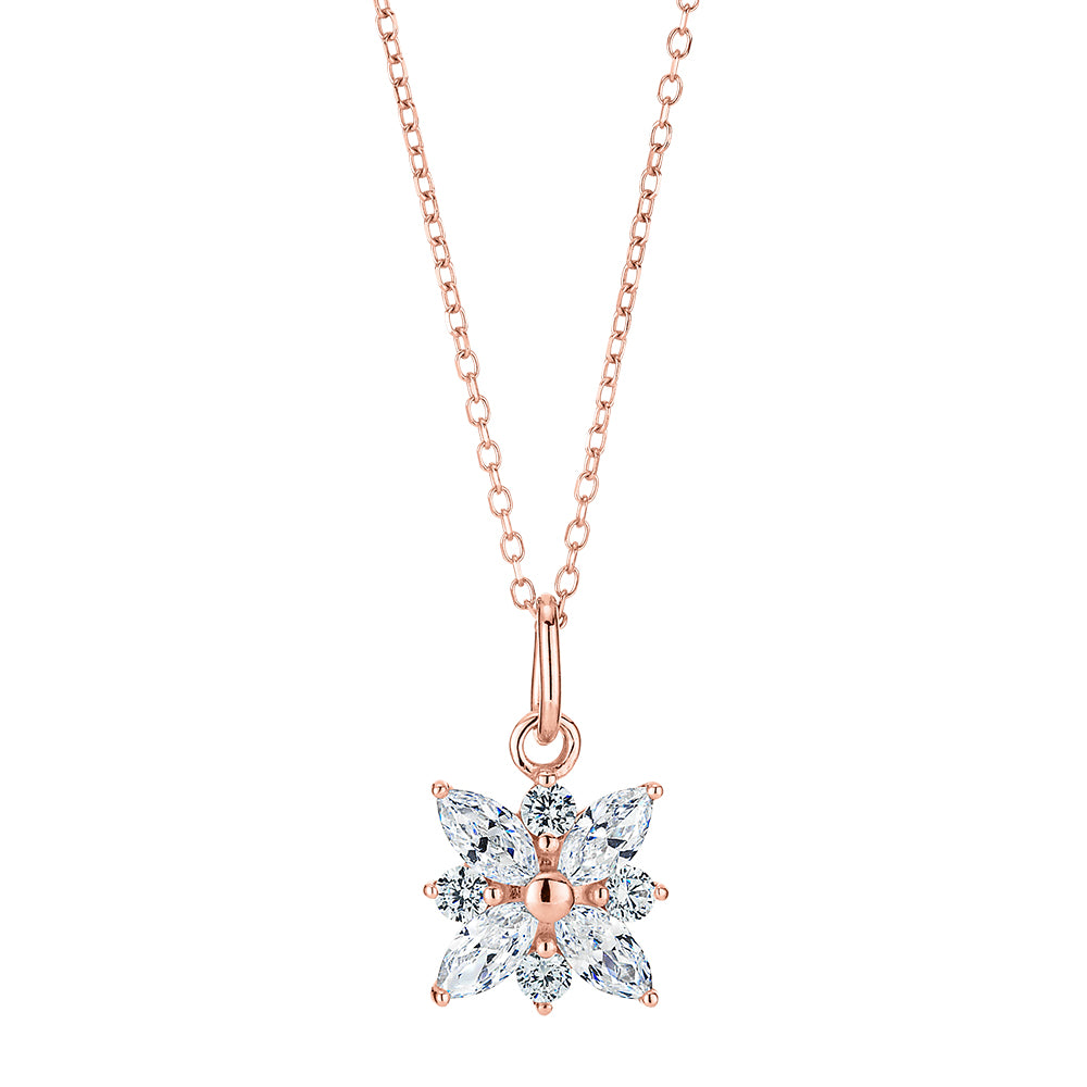 Fancy pendant with 0.68 carats* of diamond simulants in 10 carat rose gold