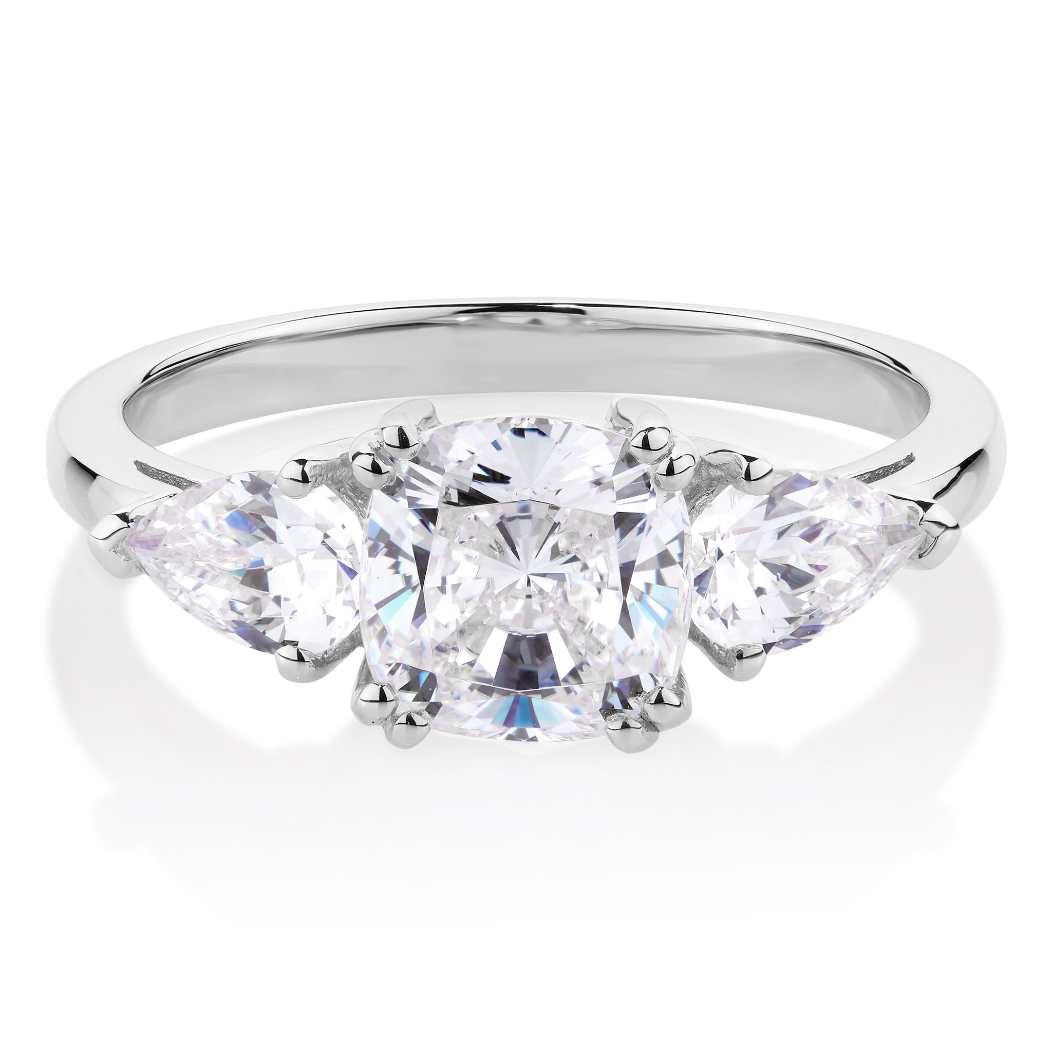 Three stone ring with 2.5 carats* of diamond simulants in 10 carat white gold