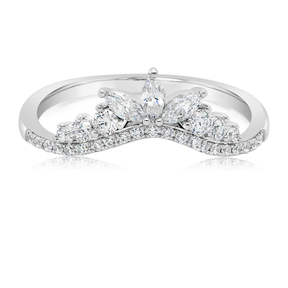 Marquise curved wedding or eternity band with 0.54 carats* of diamond simulants in 10 carat white gold