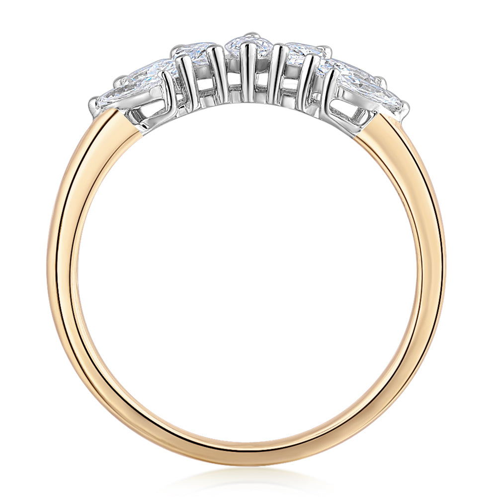 Curved wedding or eternity band with 0.48 carats* of diamond simulants in 14 carat yellow and white gold