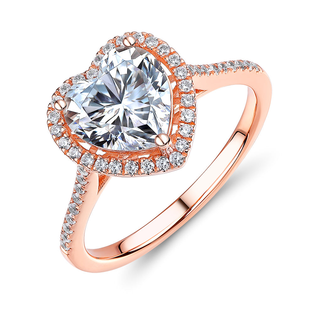 Heart and Round Brilliant halo engagement ring with 1.94 carats* of diamond simulants in 14 carat rose gold
