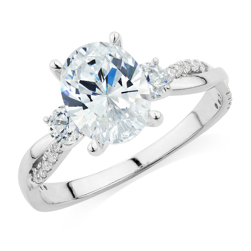 Oval and Round Brilliant shouldered engagement ring with 2.17 carats* of diamond simulants in 14 carat white gold