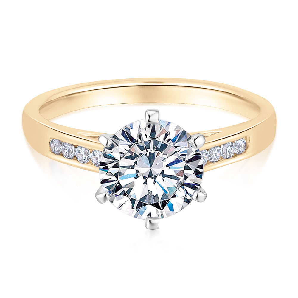 Round Brilliant shouldered engagement ring with 2.16 carats* of diamond simulants in 14 carat yellow and white gold