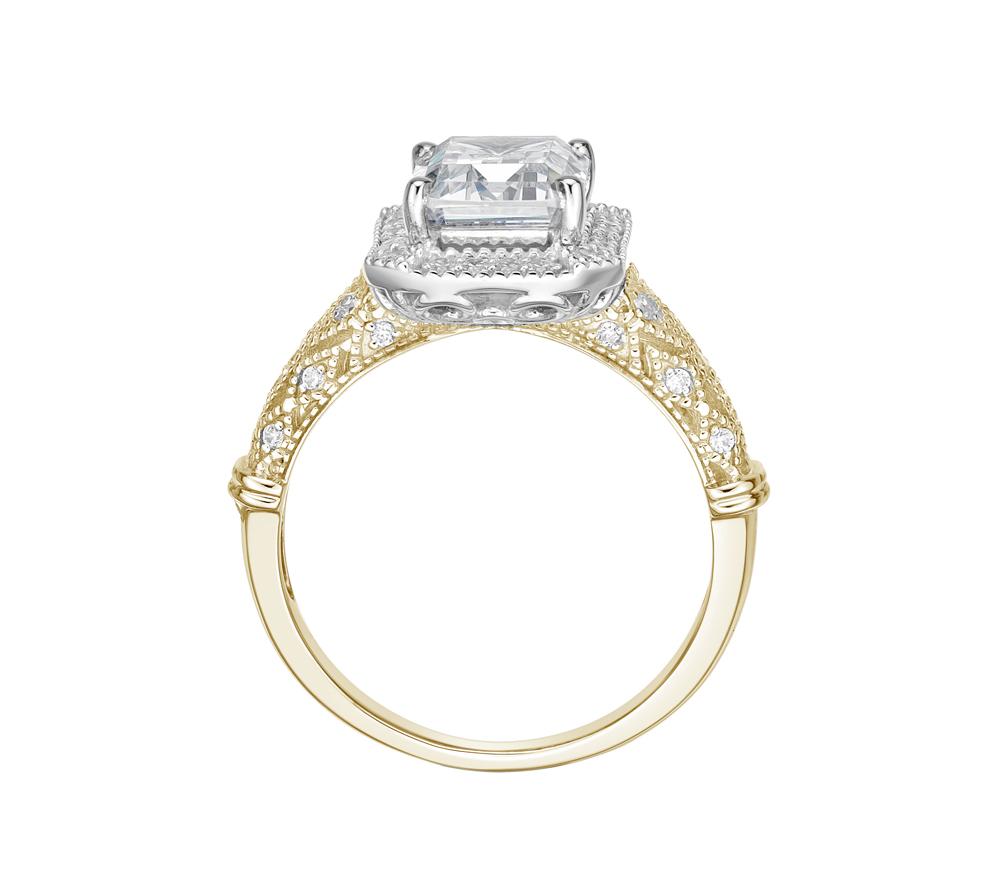 Emerald Cut and Round Brilliant halo engagement ring with 2.9 carats* of diamond simulants in 10 carat yellow and white gold